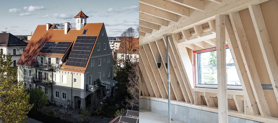 2 Bilder. Da linke zeigt ein großes, altes Gebäude in einer Stadt. Das große, rote Dach ist neu saniert, inkl. einem kleinen Turm und einer Dachterrasse auf dem Giebel. Auf der Dachfläche sieht man eine Photovoltaikanlage und eine große Dachgaube. Das rechte Bild zeigt eine Innenaufnahme einer Dachbaustelle. Man sieht einen bereits geschlossenen Dachstuhl von innen und eine Gaube mit einem Fenster.