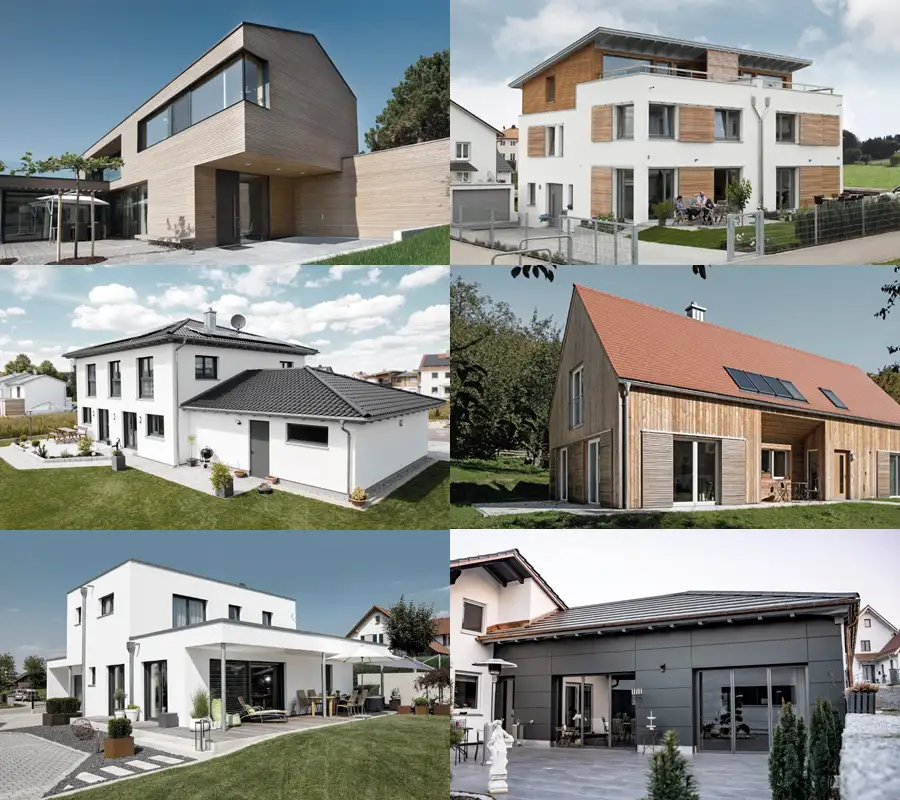 6 verschiedene Häuser: Ein sehr modernes, geradliniges Haus mit Holzfassade; ein modernes Doppelhaus mit Pultdach und Dachterrasse; ein weißes Einfamilienhaus mit Walmdach; ein klassisches Haus im schwäbischen Stil und Holzfassade; ein weißes, kubisches Haus; ein Anbau mit grauen Fassadenplatten.